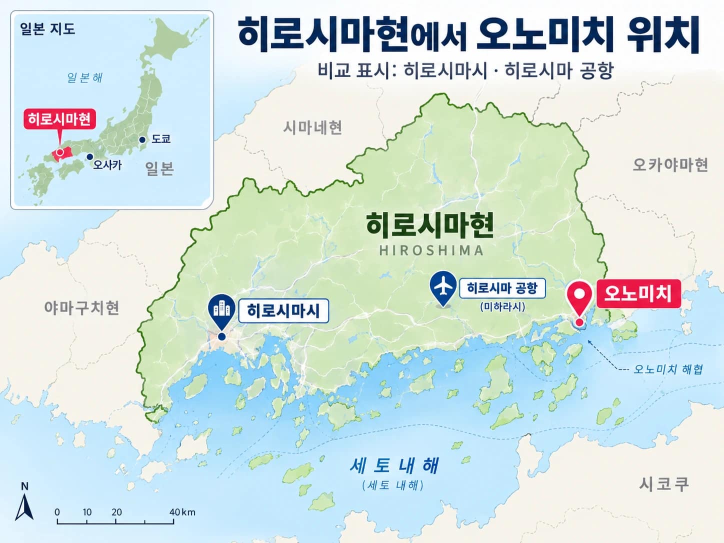 오노미치 - 로프웨이, 센코지 공원|히로시마 근교 여행 2 일본 히로시마현 오노미치 위치 지도, 히로시마시와 히로시마 공항의 위치 비교